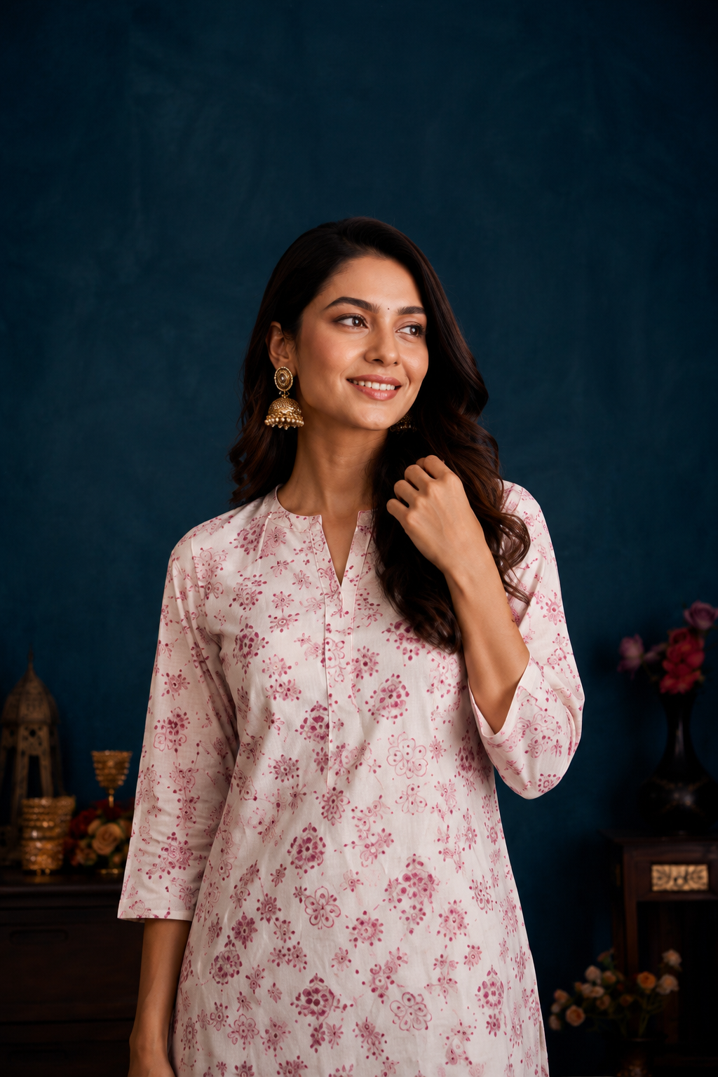 Elegant Ivory & Rose Pink Floral Kurti Pant Set