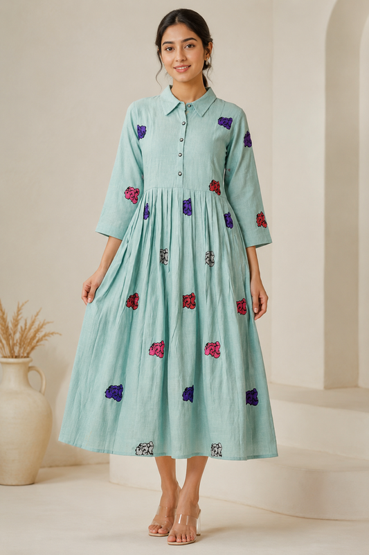 Women’s Aqua Blue Embroidered Collared Flared Midi Dress