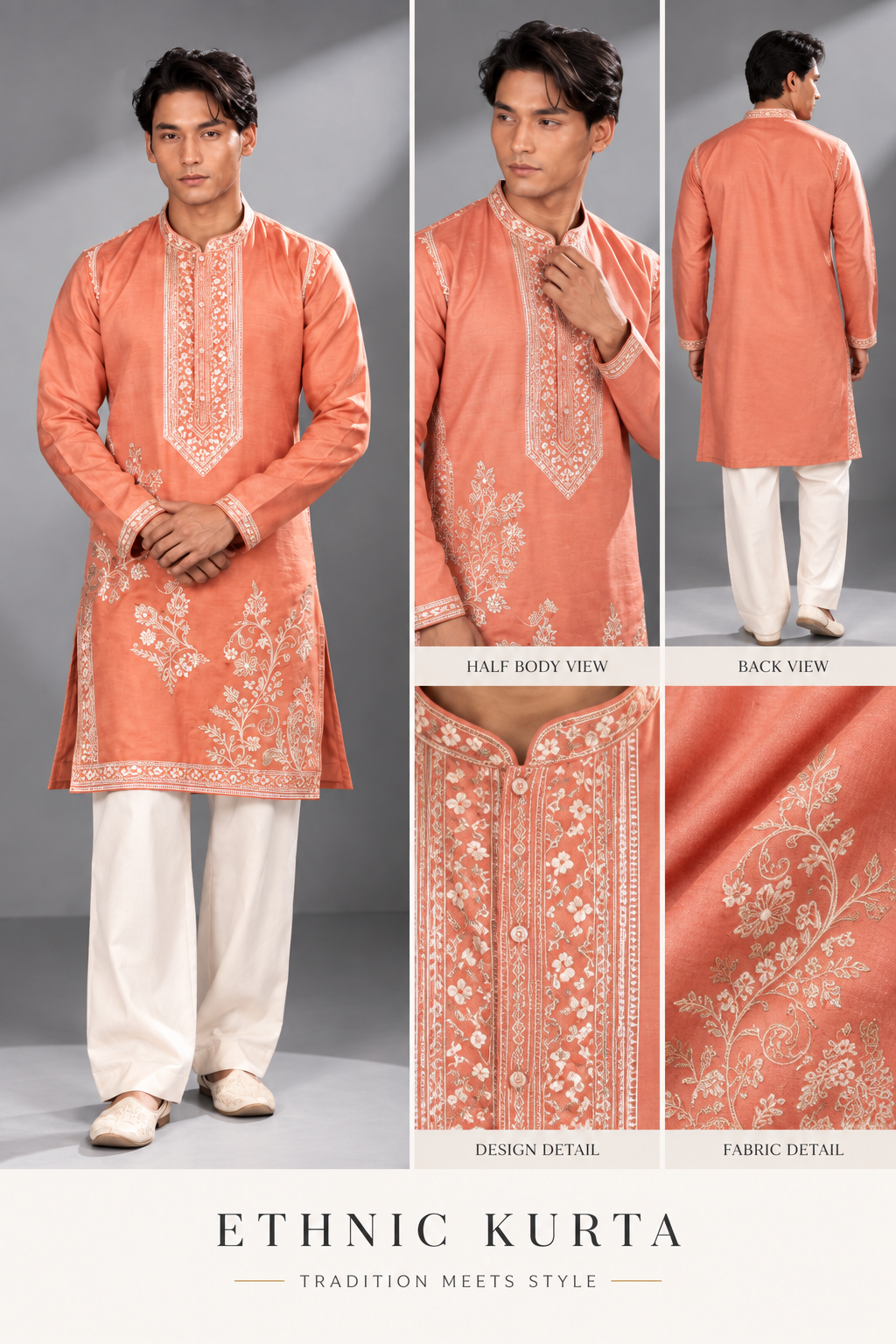 Peach Embroidered Festive Kurta Set