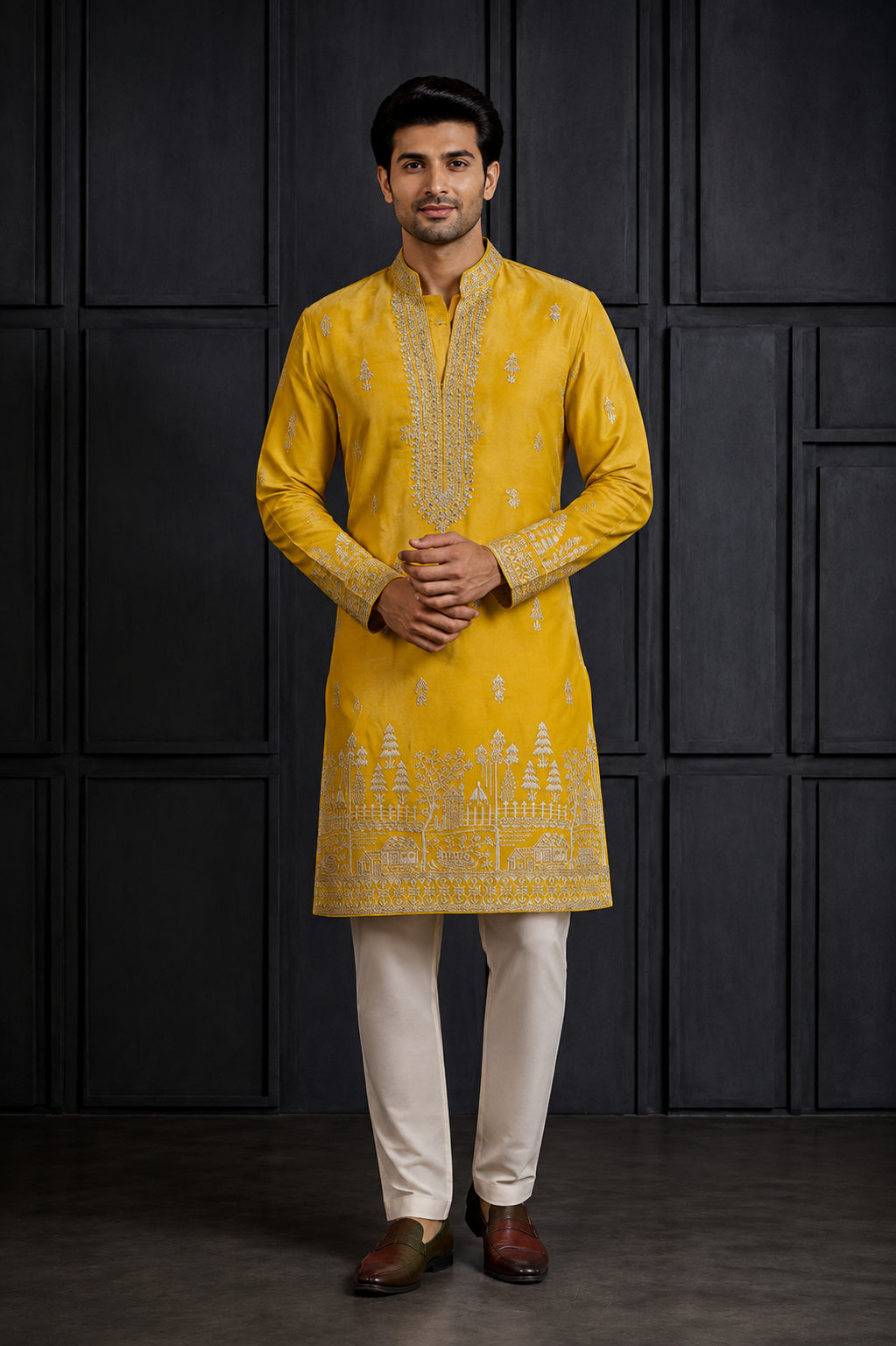 Mustard Yellow Embroidered Silk Kurta Set with Village Scenery Border for Men