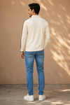 Men’s Off-White Half-Zip Polo T-Shirt with Contrast Sleeve Stripes