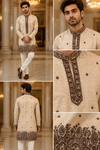 Beige Textured Silk Kurta Set with Brown Paisley Embroidery