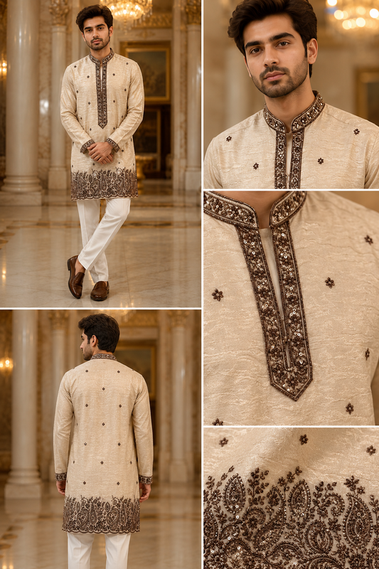 Beige Textured Silk Kurta Set with Brown Paisley Embroidery