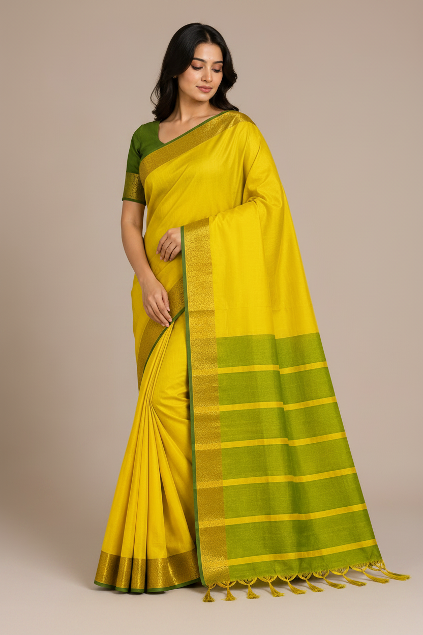 Sunshine  Silk Saree with Green Contrast Border