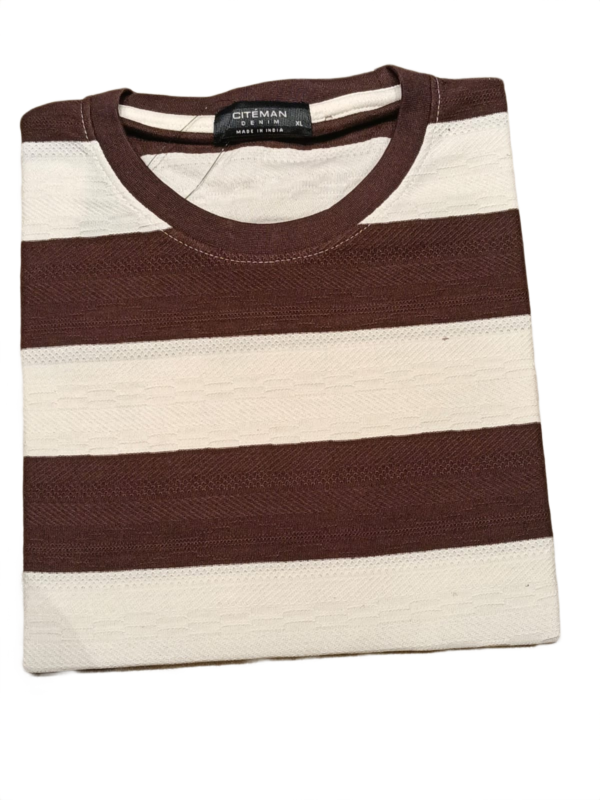 Men's Brown & Cream Horizontal Striped Round Neck T-Shirt