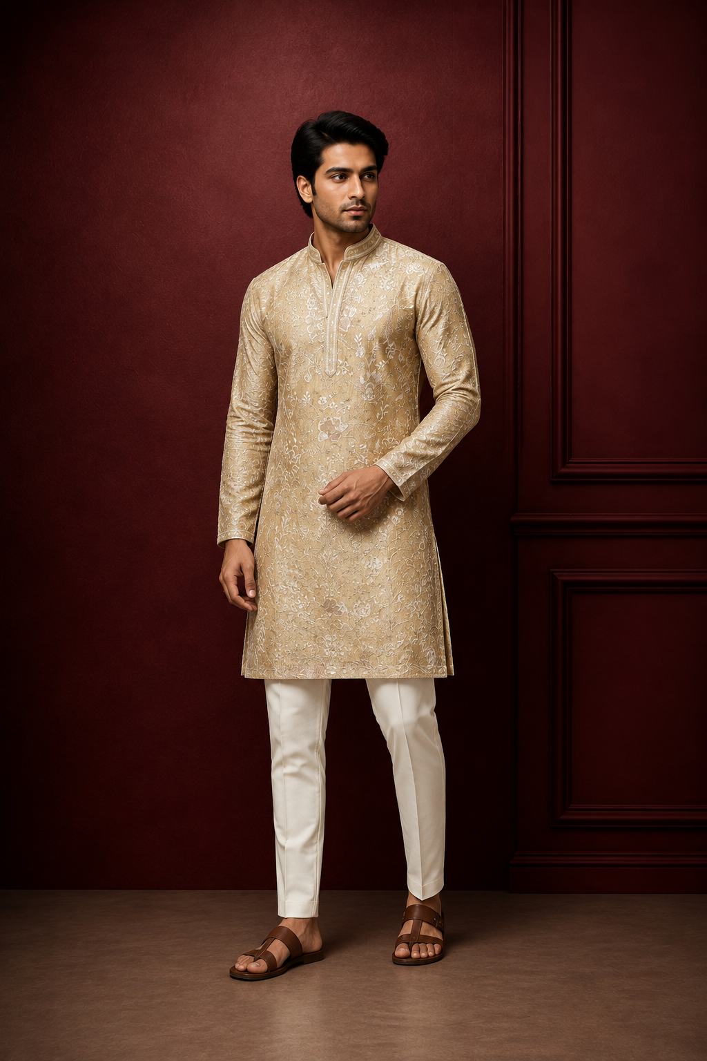Beige & Gold Floral Jacquard Silk Kurta Set for Men