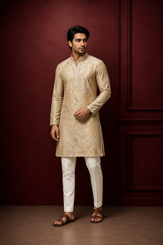 Beige & Gold Floral Jacquard Silk Kurta Set for Men