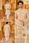 Men's Off-White and Golden Ethnic Print Long Sleeve Kurta