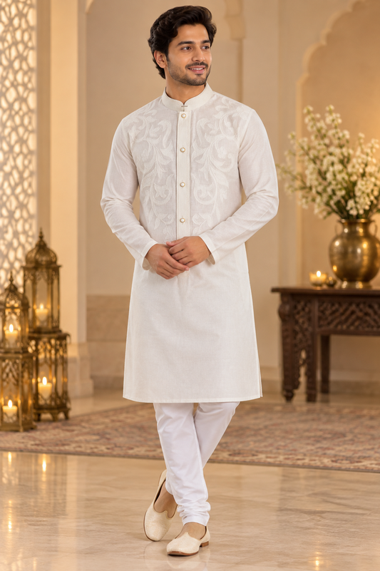 Ivory White Embroidered Festive Kurta