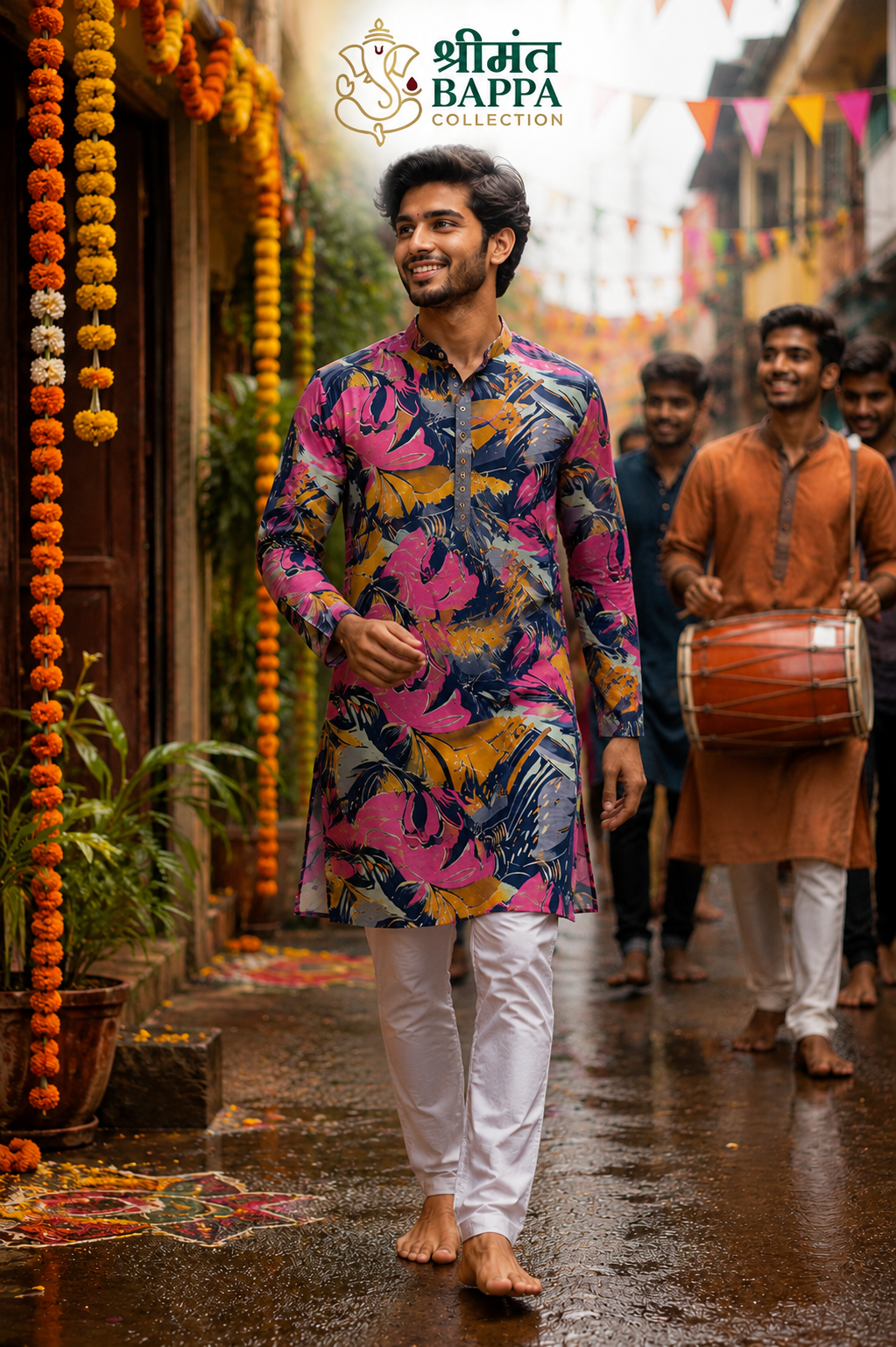Multicolour Abstract Floral Festive Kurta Pajama Set