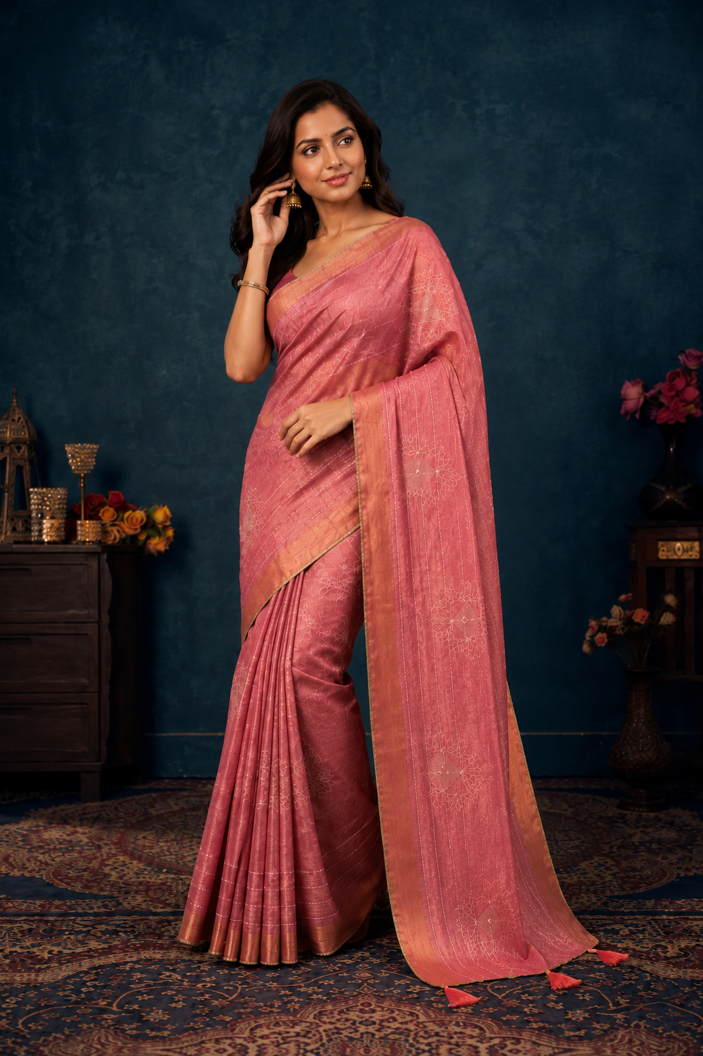 Elegant Rose Pink Designer Saree with Subtle Woven Floral Pattern