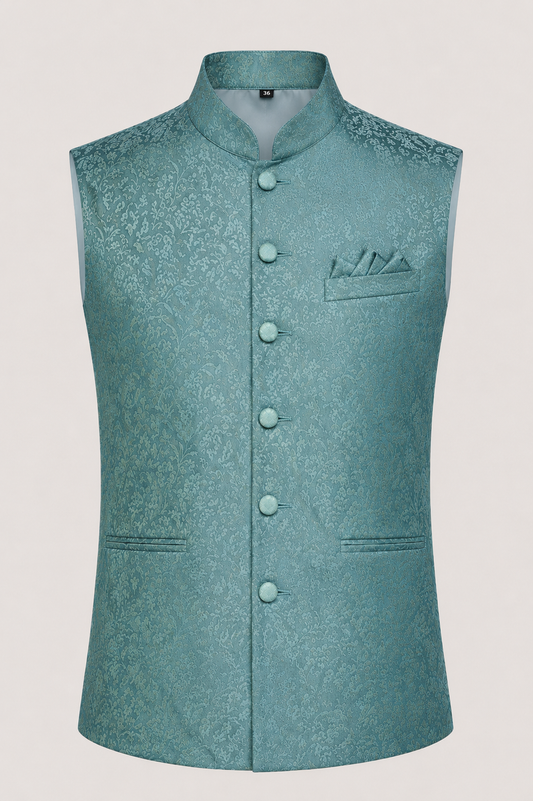 Men's Sea Green Jacquard Nehru Jacket | Premium Ethnic Waistcoat with Mandarin Collar