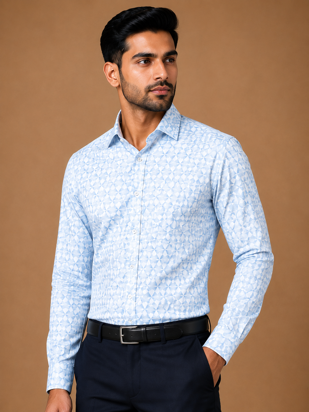 Men Sky Blue Geometric Printed Formal Shirt
