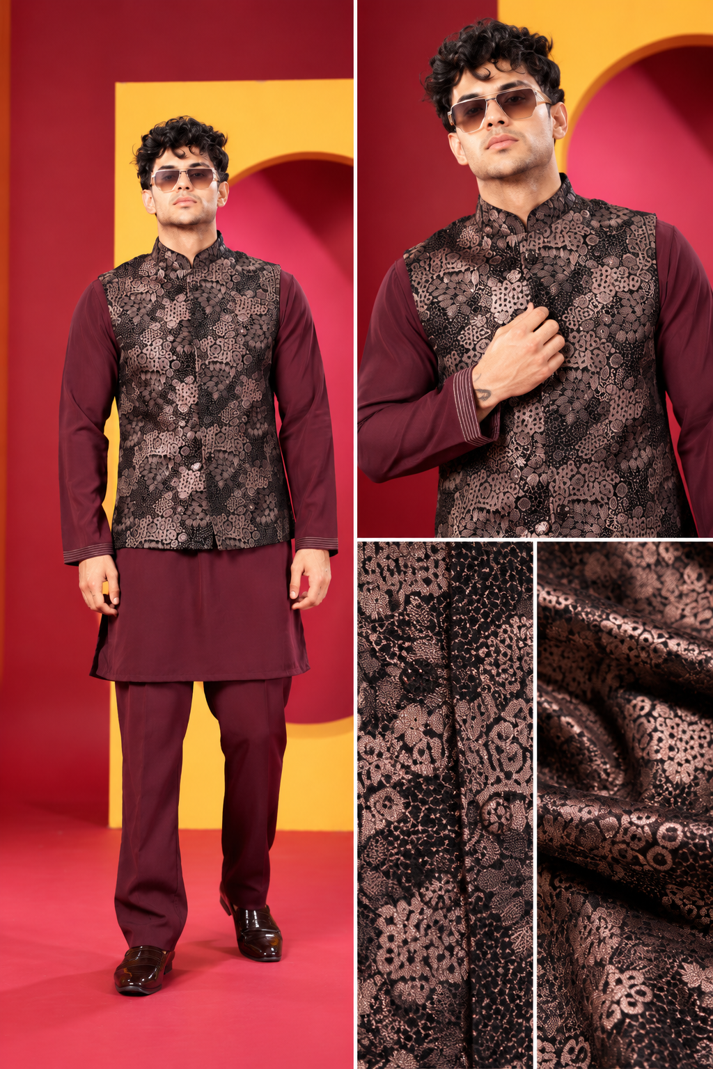 Men's Premium Maroon Kurta Pant Set with Floral Printed Nehru Jacket