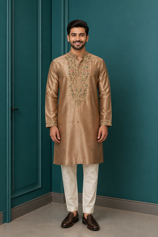 Beige Gold Embroidered Dupion Kurta