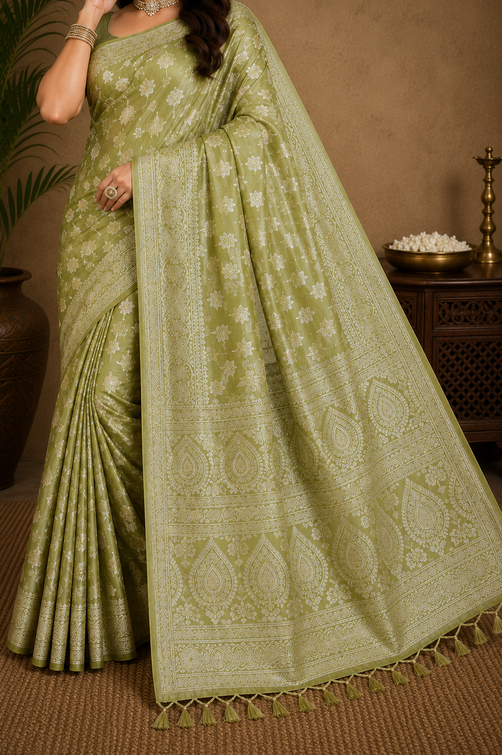 Olive Green Woven Saree with Elegant Zari Floral Motifs & Rich Pallu