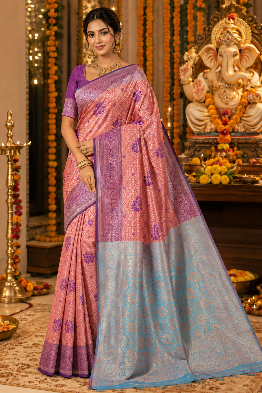 Elegant Pink & Sky Blue Saree with Rich Zari Pallu