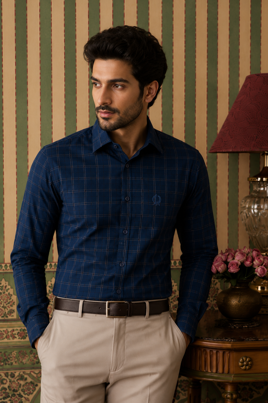 Men's Navy Blue Checked Cotton Formal Shirt – Classic Full Sleeve Office Wear