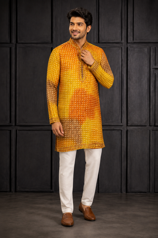 Mustard Yellow Bandhani Print Festive Kurta for Men