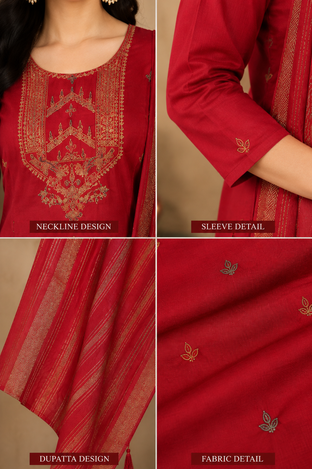 Elegant Red Embroidered Kurti Pant & Dupatta Set