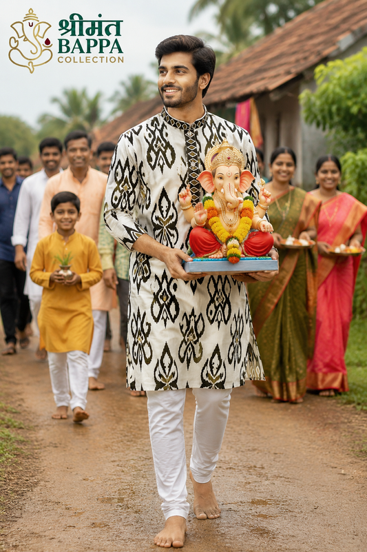 Ivory & Black Ikat Print Festive Kurta Set
