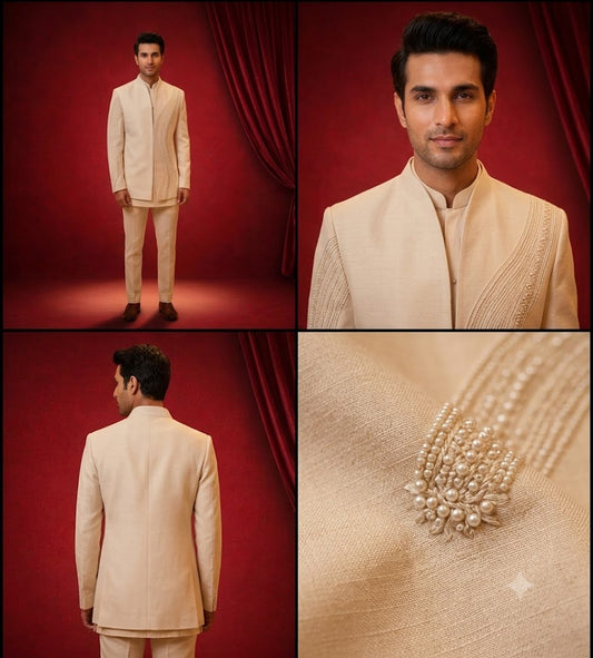 Men’s Ivory Embroidered Indo-Western Suit Set