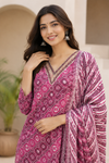 Women's Magenta Printed Kurta Pant Dupatta Set with Embroidered V-Neck
