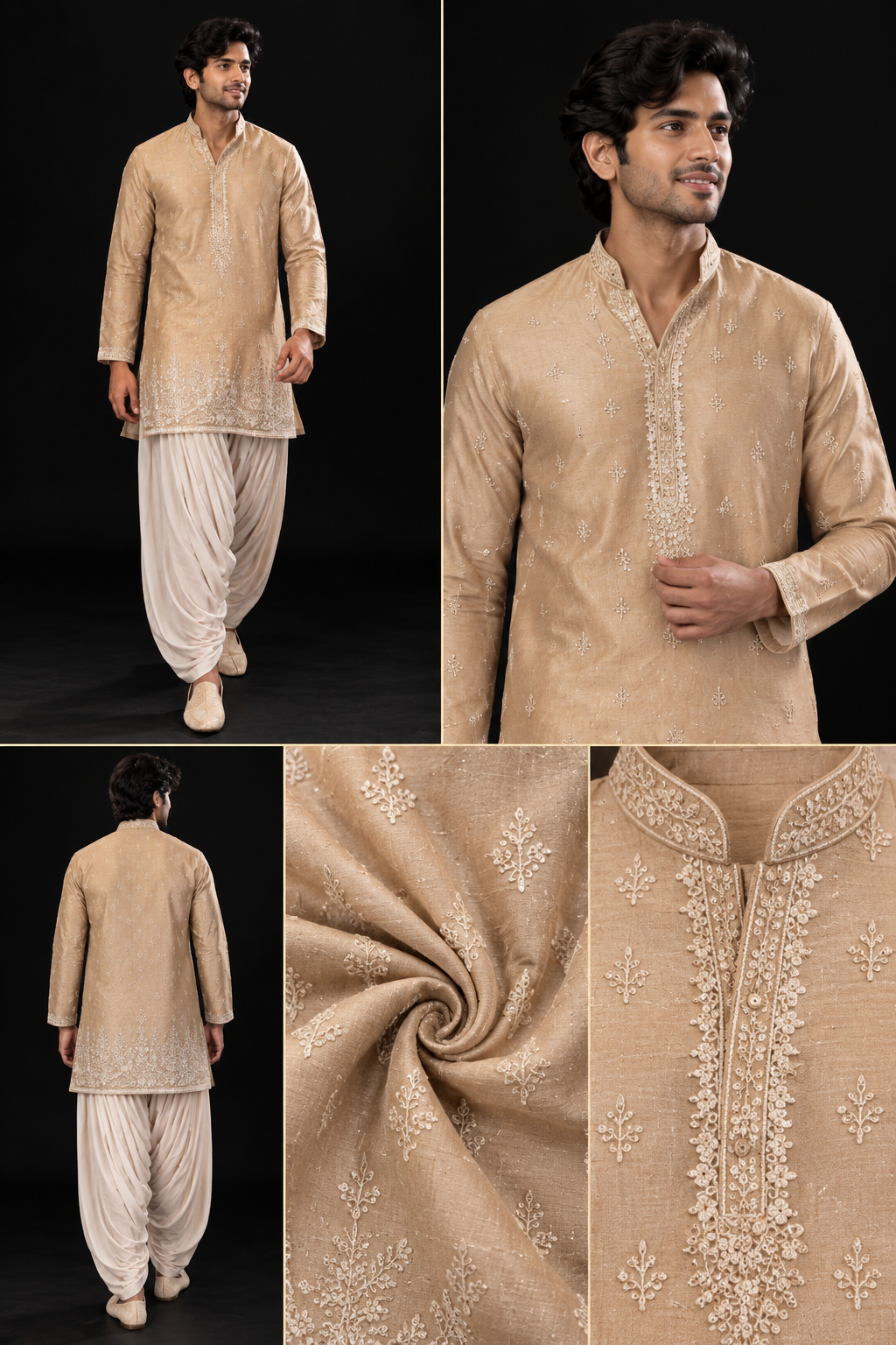 Beige Gold Embroidered Festive Kurta Set