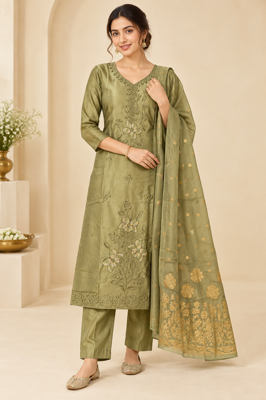 Olive Green Embroidered Kurta Pant Set with Golden Dupatta