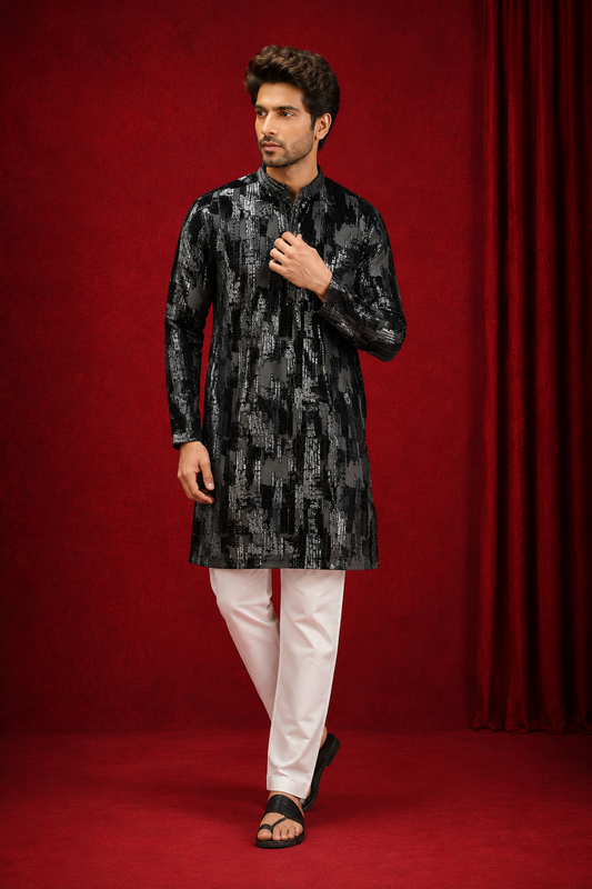 Black & Charcoal Sequin Embroidered Silk Kurta Set for Men