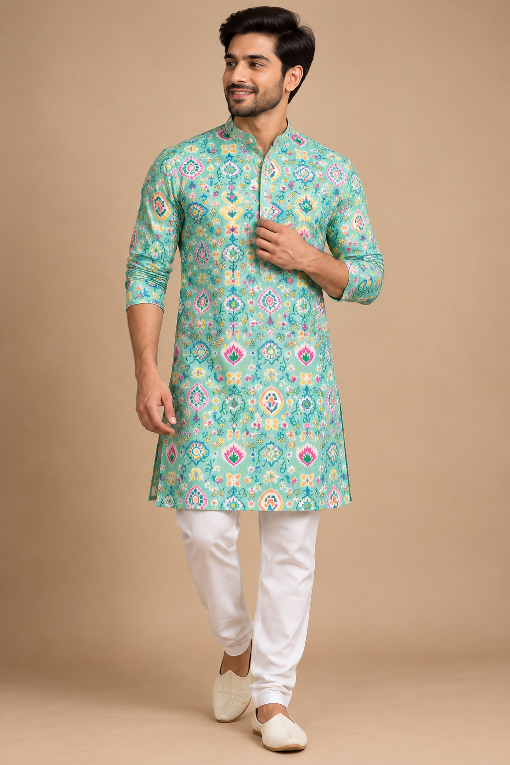 Mint Green Printed Festive Kurta for Men