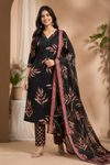 Black Leaf Print Kurta Pant with Printed Dupatta Set for Women