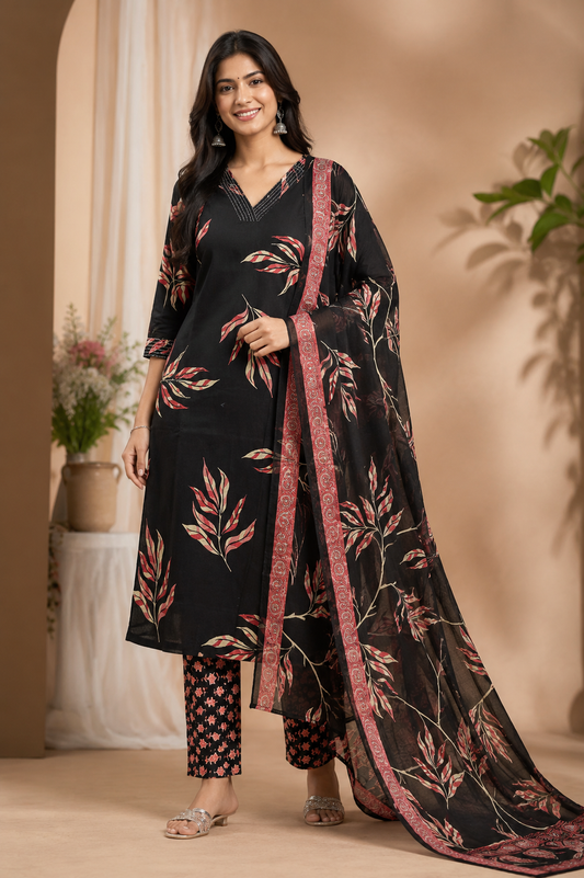 Black Leaf Print Kurta Pant with Printed Dupatta Set for Women