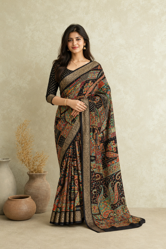 Elegant Black Multicolor Printed Saree with Traditional Paisley & Heritage Border