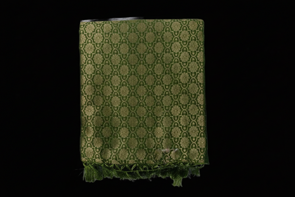 Green Checked Silk Saree with Floral Zari Border