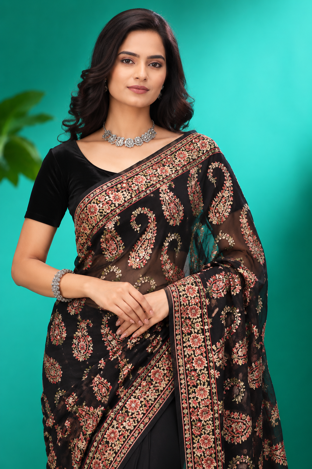Elegant Black Paisley Embroidered Saree