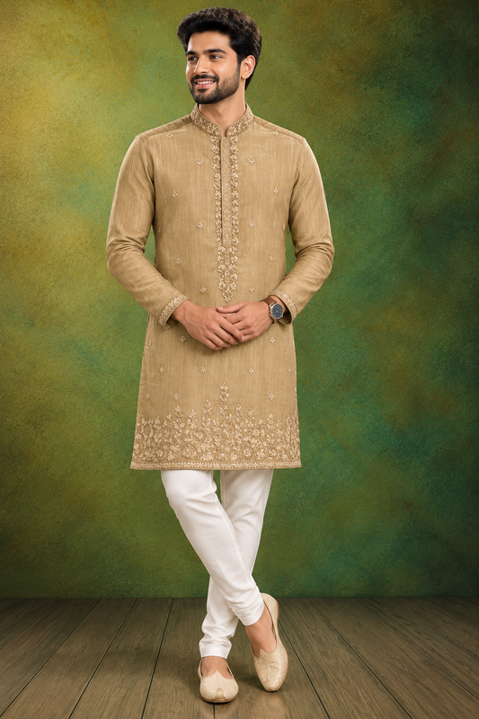 Antique Gold Embroidered Festive Kurta Set for Men