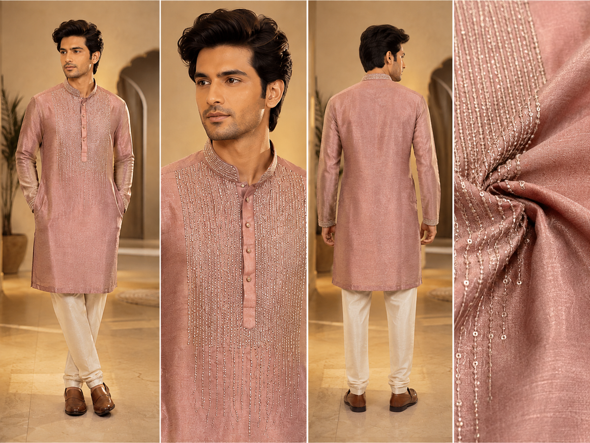 Dusty Rose Embellished Festive Kurta for Men