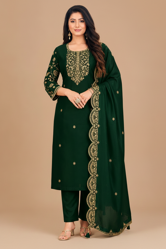 Emerald Green Embroidered Kurta Pant & Dupatta Set for Women