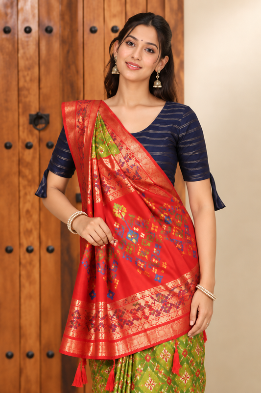 Elegant Green & Red Festive Silk Saree