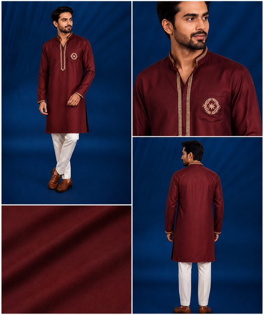 Maroon Red Kurta with Pocket Embroidery for Men