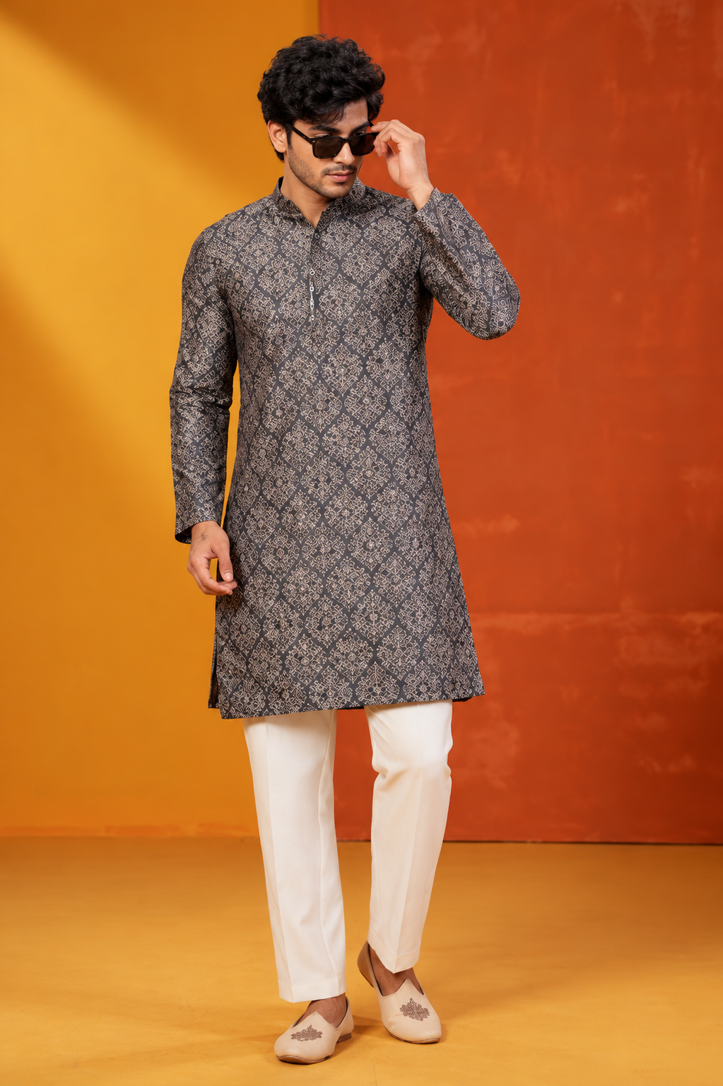Men's Premium Charcoal Grey Printed Kurta Set