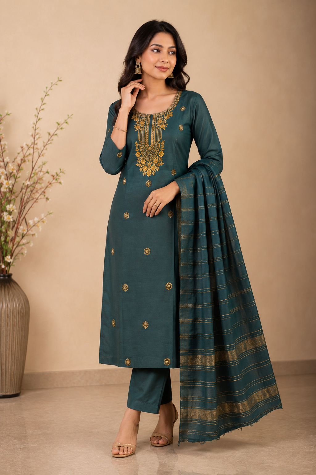 Elegant Teal Green Embroidered Kurti Pant & Dupatta Se