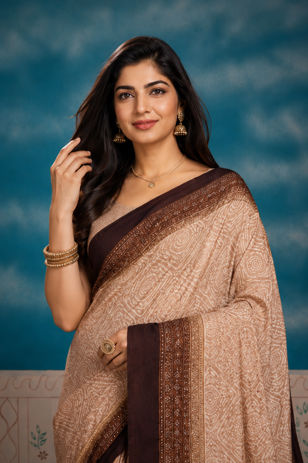 Elegant Beige & Brown Printed Saree with Rich Designer Border |