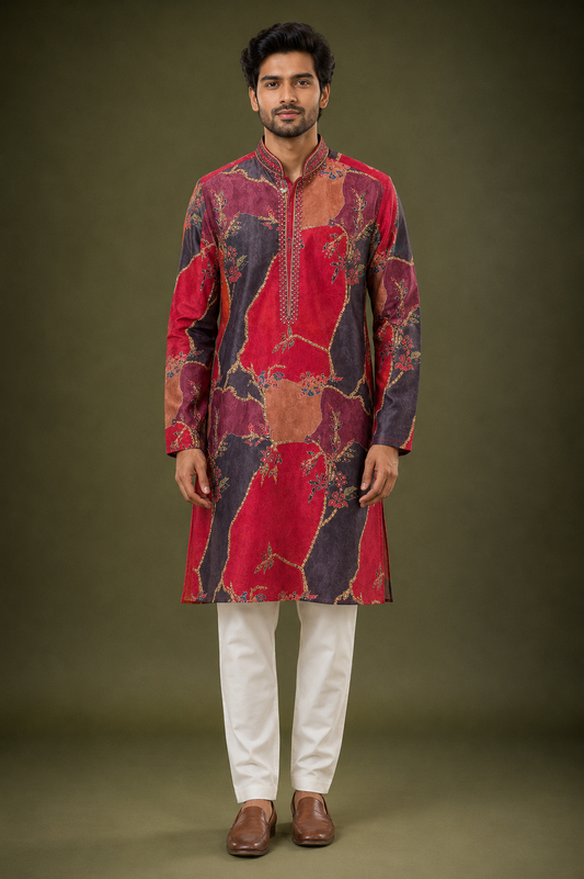 Multicolor Abstract Print Festive Kurta for Men