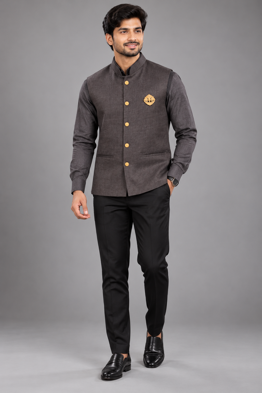 Men's Premium Charcoal Grey Nehru Jacket with Matching Shirt