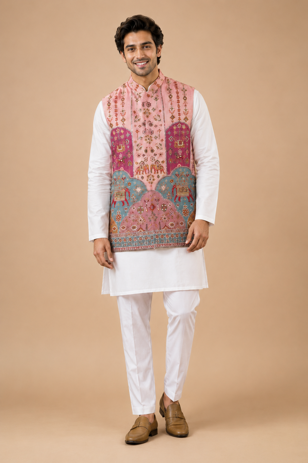 Royal Pink Printed Nehru Jacket Kurta Set