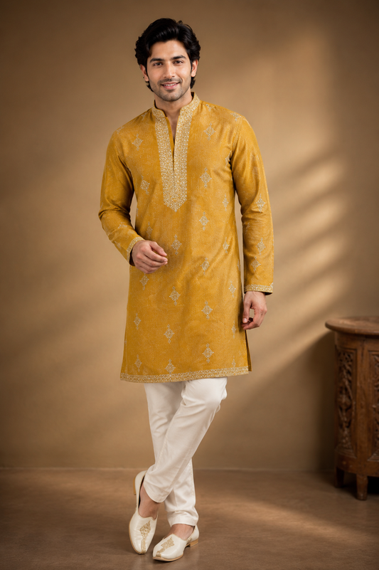 Mustard Gold Embroidered Men’s Festive Kurta Set