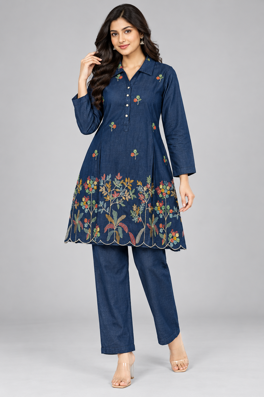 Women's Navy Blue Floral Embroidered Co-Ord Set