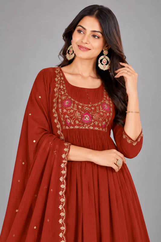 Women's Rust Red Embroidered Anarkali Kurta Set with Dupatta